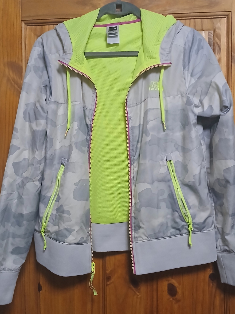 The North Face Gray Camo Jacket with Neon Yellow Lining